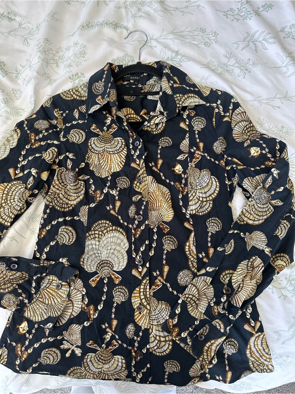 Gucci cotton Blue  Blouse with Gold and Cream Shell Motif